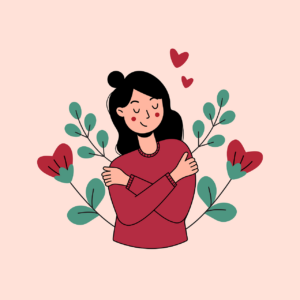 Drawing of a woman hugging herself surrounded by heart-shaped flowers