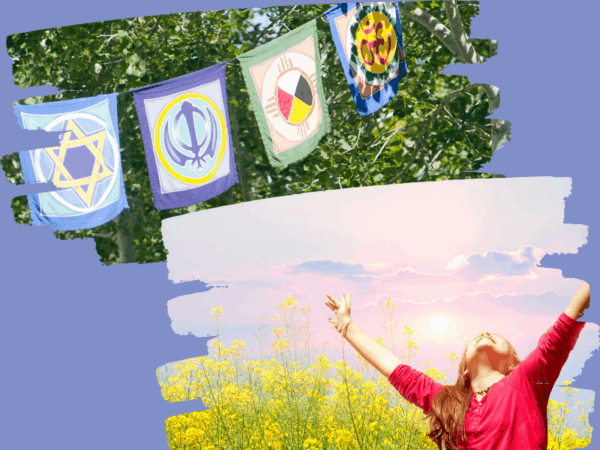 An image of a child with long hair with arms flung wide by a sunrise imposed over an image of prayer flags with symbols of world religions.